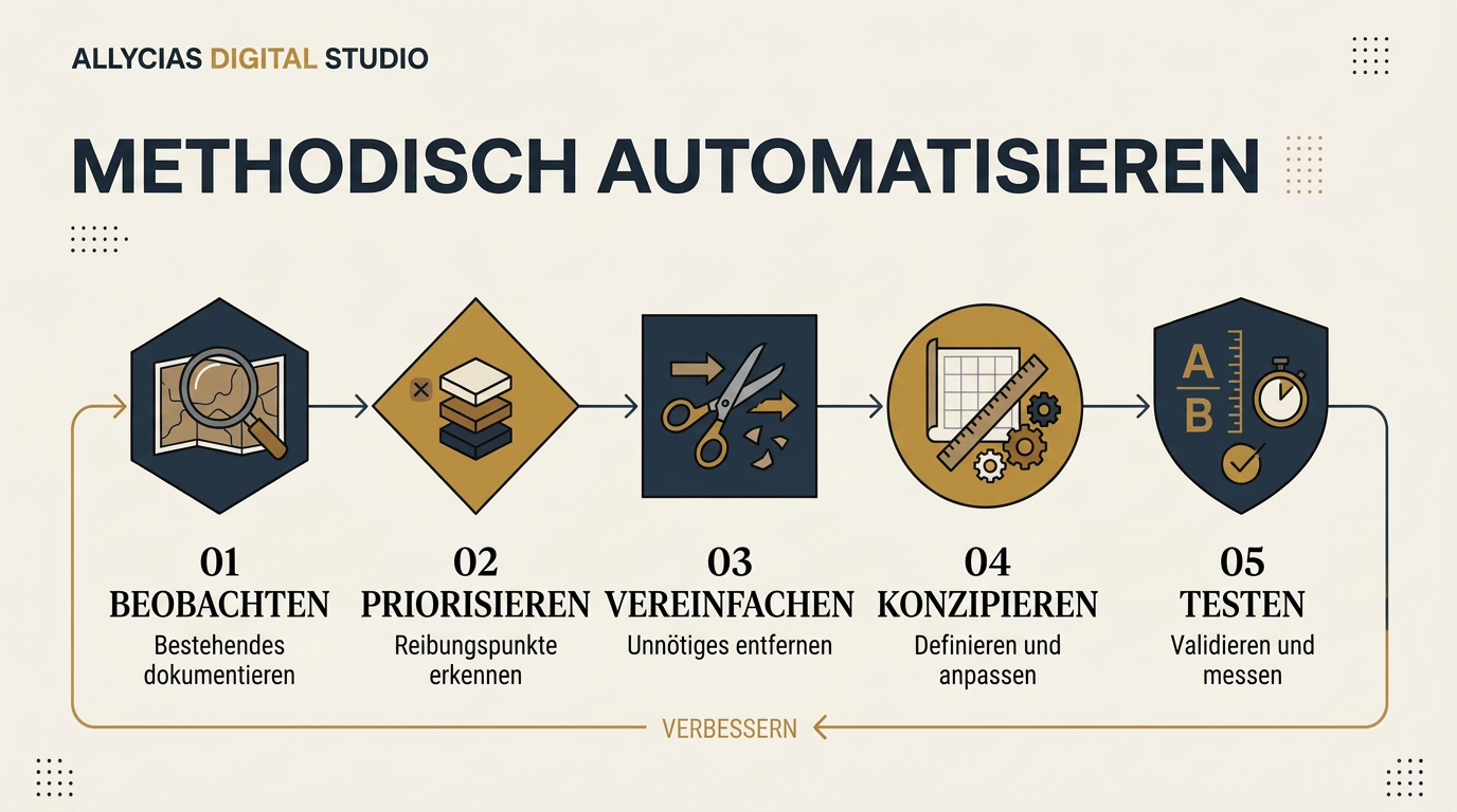 Schema eines automatisierten Ablaufs von Anfrage, Bearbeitung, Aktion und Messung.